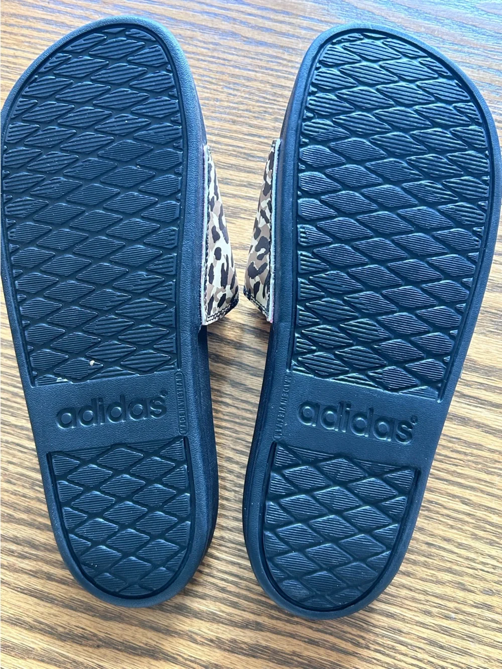 adidas Leopard-Print Slide Sandals in Black and Tan Size 8